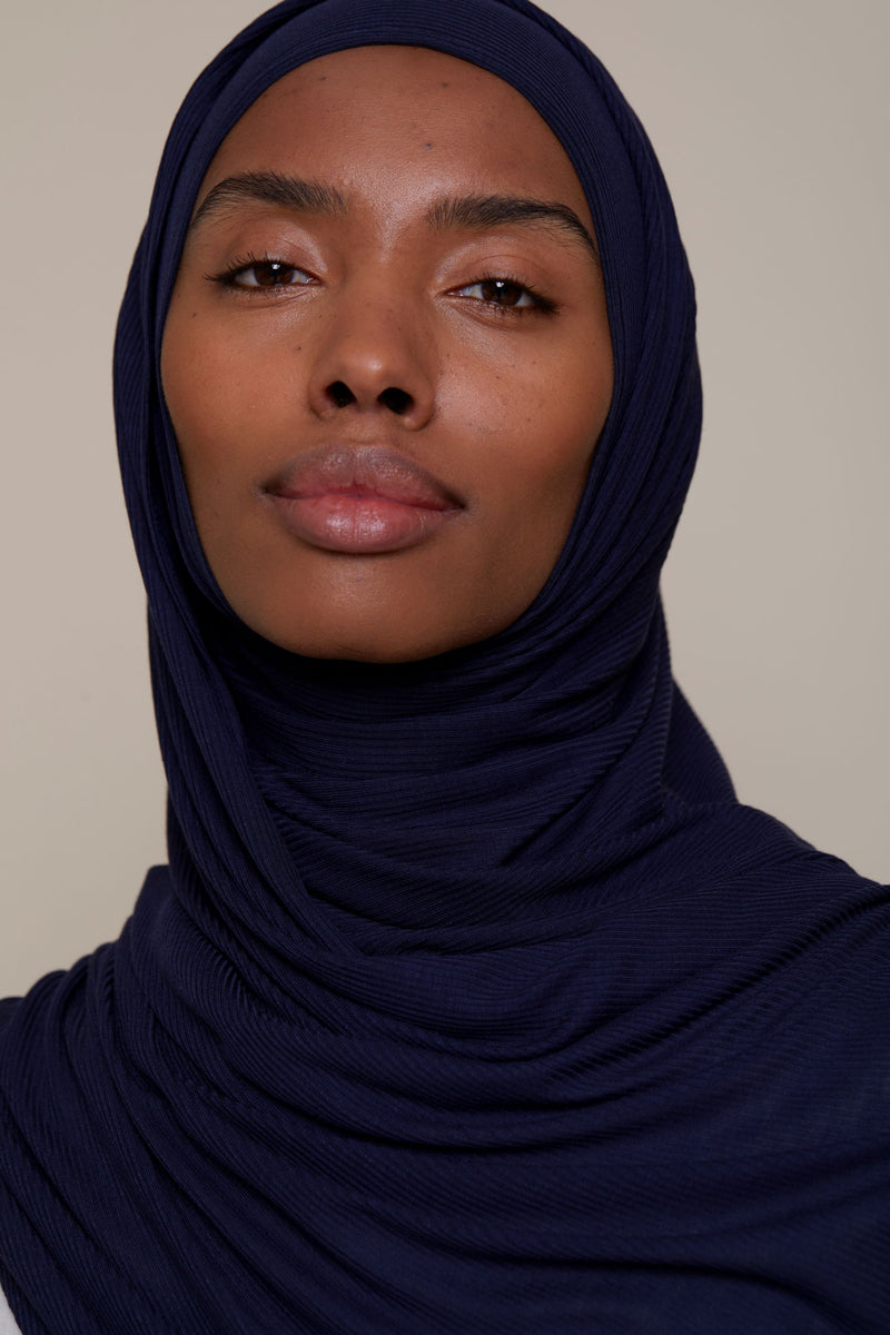 Instant Bamboo Ribbed Jersey Hijab - Navy Blue